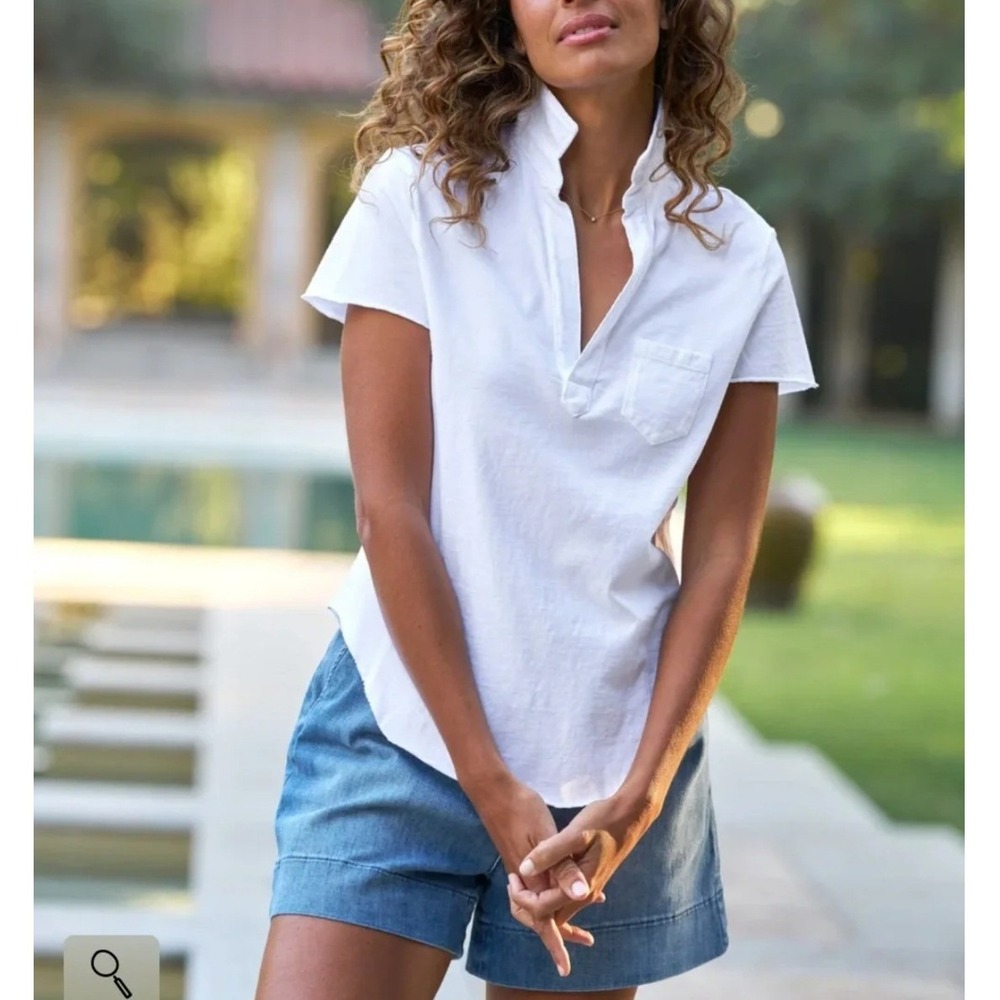 Frank & Eileen Charlotte Perfect Polo Women Large White Cotton Raw Edge High Low